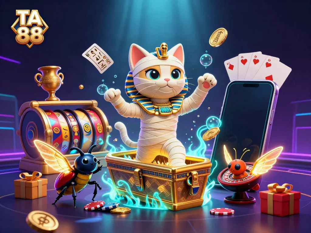 Experience thrilling gaming action featuring TA 88, with a mummy cat, glowing scarab, and slot games.