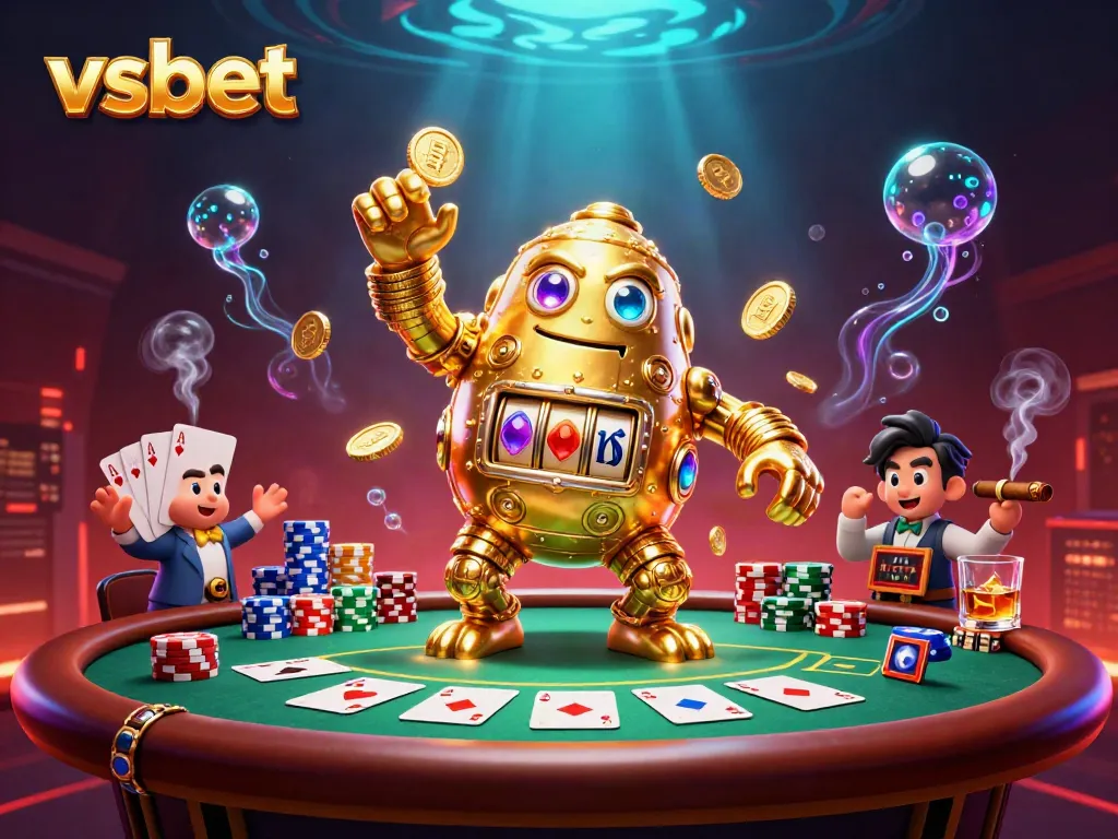 Experience the excitement of vsbet with a vibrant 3D scene featuring a golden golem surrounded by poker elements.