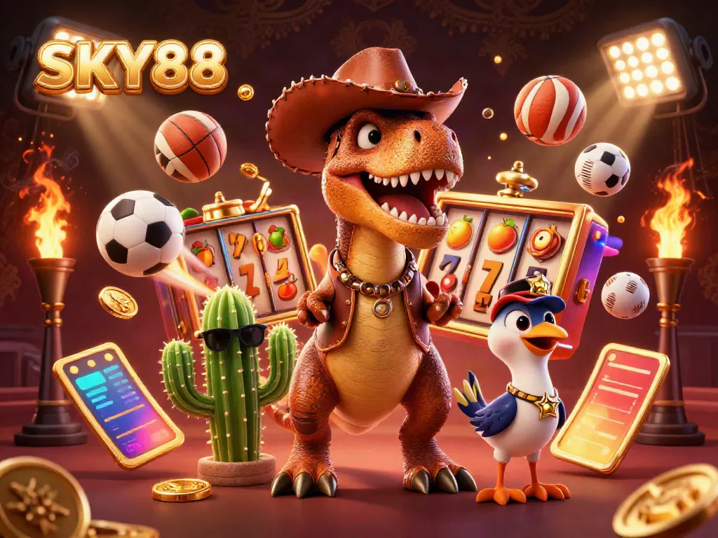 Engage with thrilling slots at SKY88, featuring a vibrant, high-energy scene with T-Rex and friends.