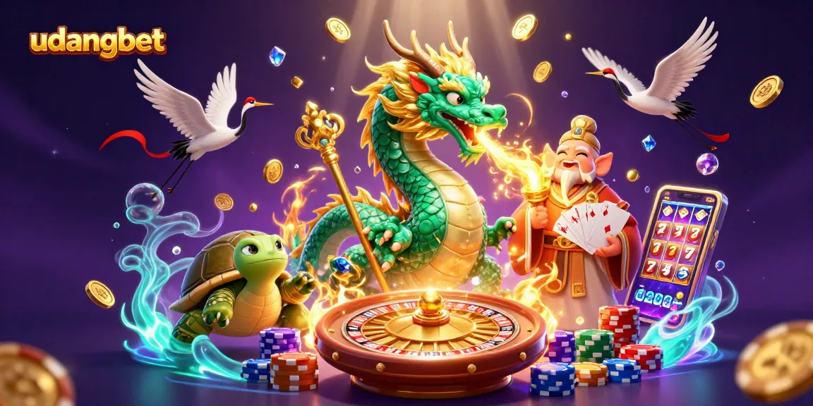 Engage with udangbet as a jade dragon and turtle sage introduce fortune in a vibrant casino scene.
