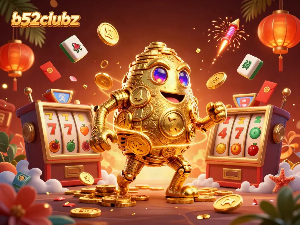 Experience the excitement of b52clubz with a golden golem, vibrant slot symbols, and dynamic casino elements.