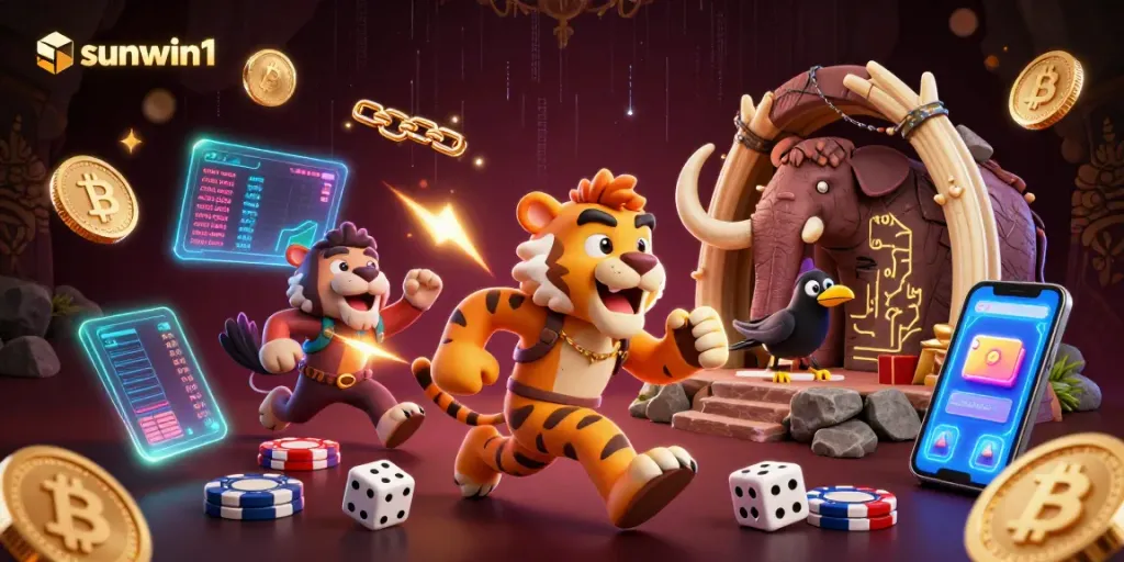 Engage with sunwin1 at a vibrant prehistoric casino featuring dynamic gaming elements and characters.