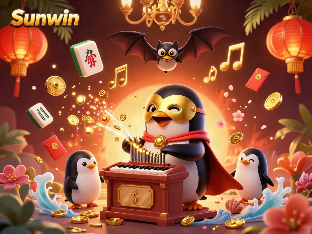 Experience exciting Sunwin gaming with a cartoon penguin organist amidst vibrant casino elements.