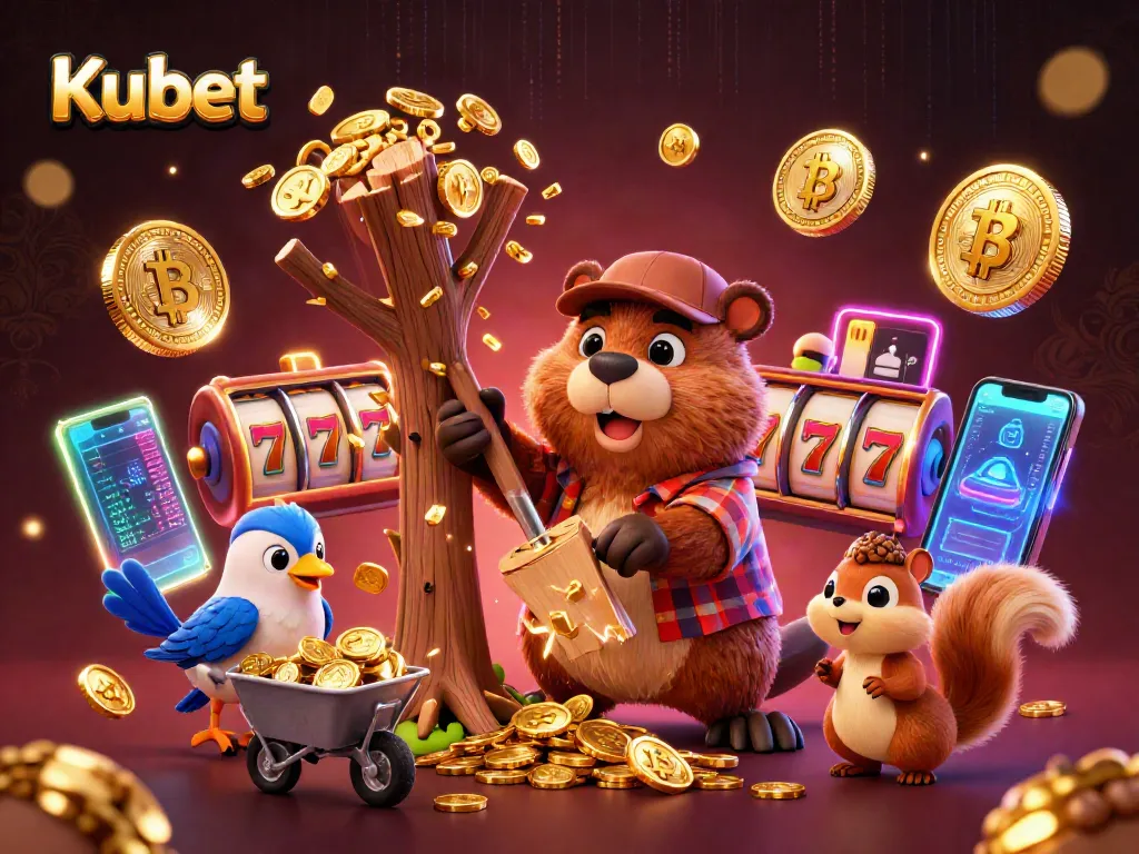Kubet players enjoy a vibrant scene with animated characters and slots, emphasizing excitement in online gambling.