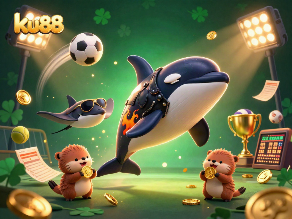 ku88 casino themed illustration featuring an orca whale and sea creatures surrounded by sports betting elements