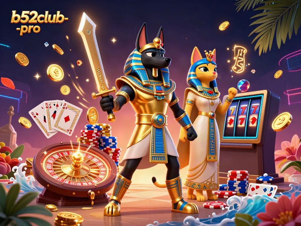 Engage with the thrill of b52club-pro as Anubis battles for luck amidst a vibrant casino scene.