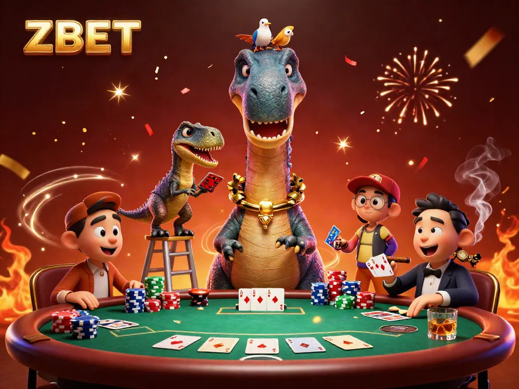 Experience ZBET's fantasy casino realm with cartoon dinosaurs and vibrant gambling scenes.
