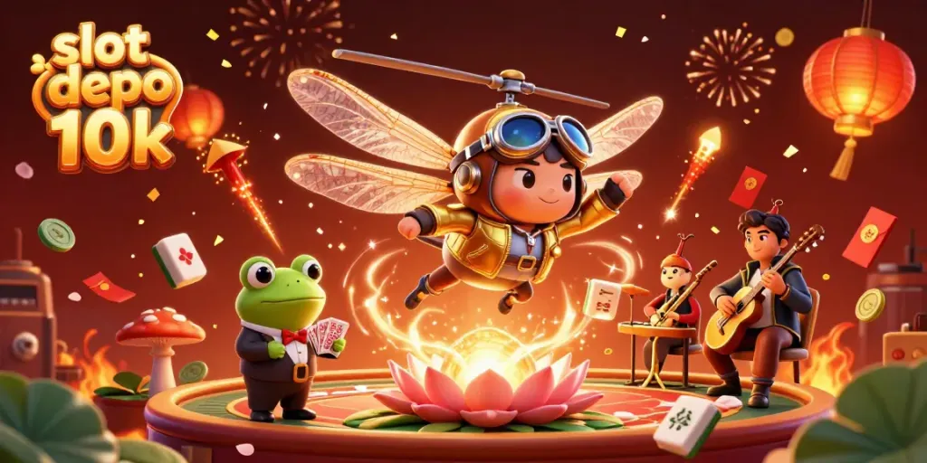 Experience the excitement of slot depo 10k with vibrant 3D casino illustration featuring dynamic characters and gaming elements.