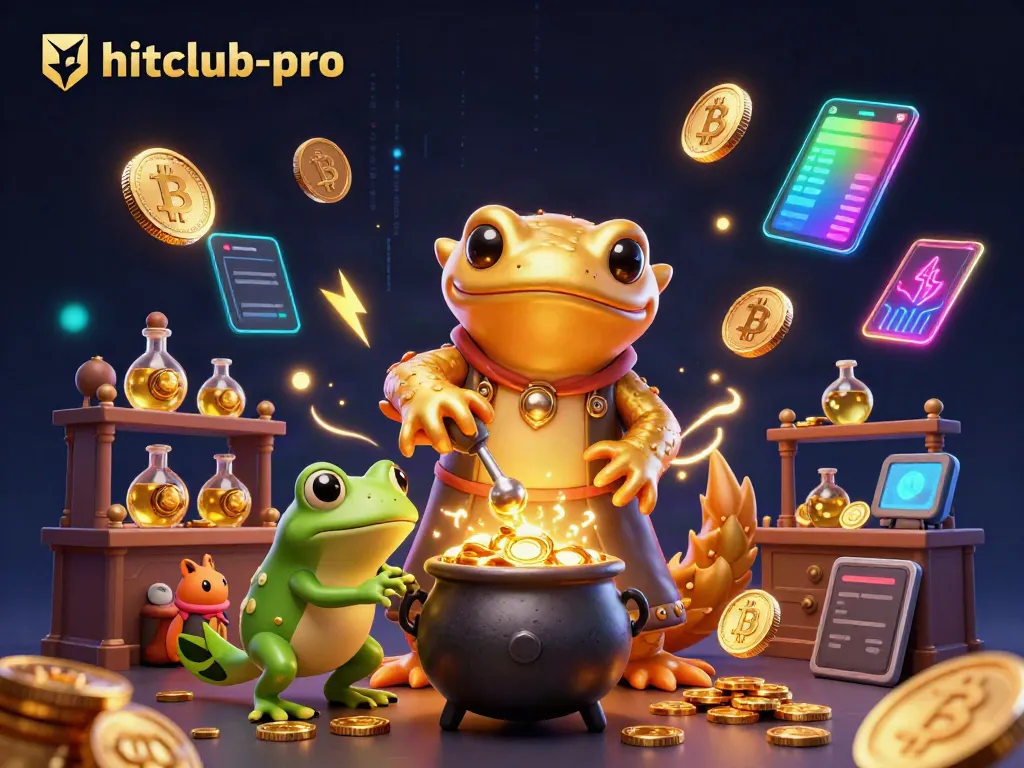 Catch winning moments at hitclub-pro with a vibrant alchemist scene, featuring gold coins and crypto elements.