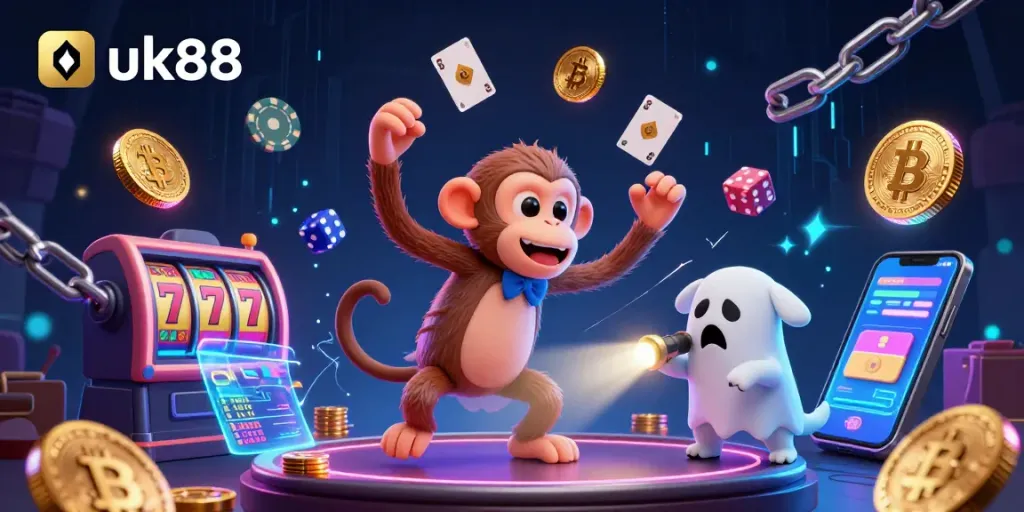 Experience thrilling uk88 gameplay with a mischievous monkey ghost and an adventurous puppy in a haunted casino.