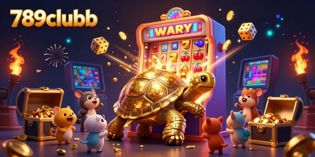 Engage with 789clubb's vibrant casino atmosphere featuring a colossal golden tortoise and a jackpot explosion of coins.