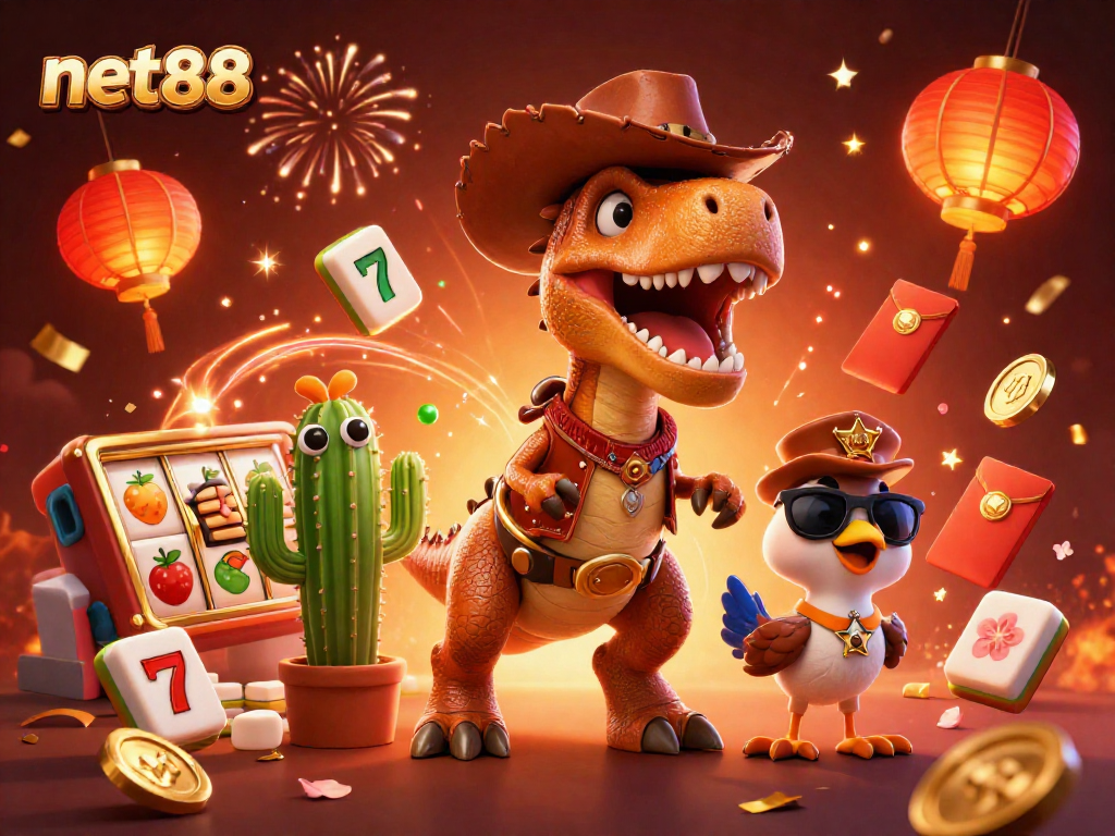 Spin the reels with net88’s dynamic slot journey featuring a T-Rex cowboy!