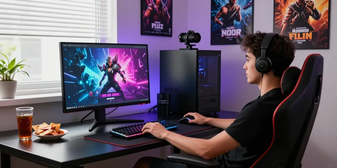 Engaging scene of a gamer playing porn games online in a vibrant gaming room with colorful graphics, snacks, and gaming accessories.