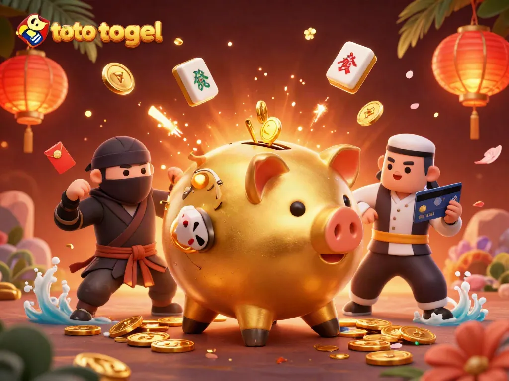 Engage in thrilling toto togel action with a golden piggy bank sumo wrestler, illuminated by festive elements.