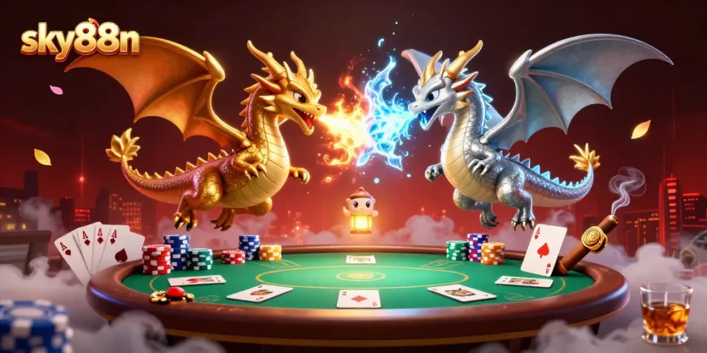 Experience the thrill of sky88n with epic dragons and poker elements combining for a winning scene.