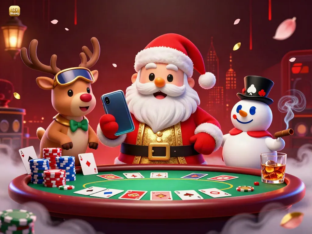 Nhatvip offers an exciting casino scene with Santa, a reindeer dealer, and a snowman amidst vibrant gaming elements.