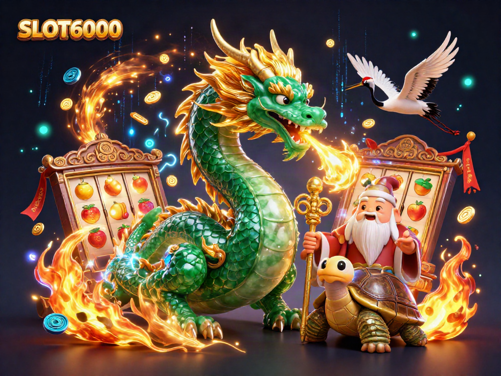 Engage in exhilaration with SLOT6000 surrounded by a majestic dragon and symbolically rich elements.