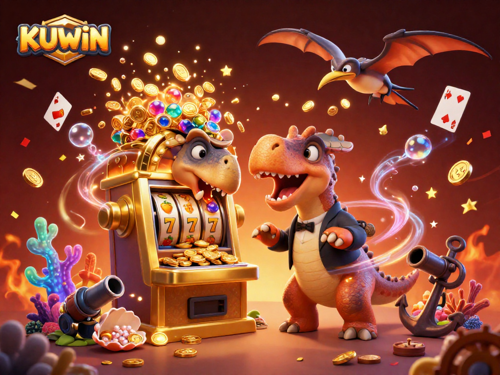 KUWIN-themed 3D illustration featuring characters in a casino jackpot scene with colorful gems and coins