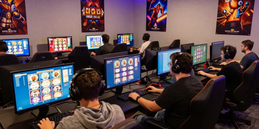 Engaged players enjoying exciting situs gacor slot games in a vibrant digital gaming lounge.