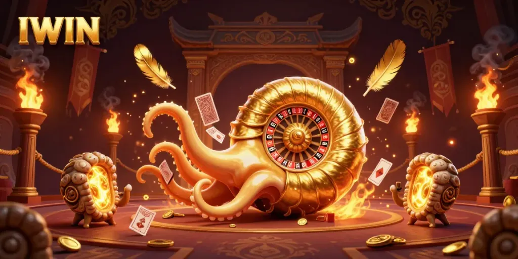 Experience winning at IWIN with an ancient nautilus roulette wheel and glowing ammonites in a lavish casino scene.