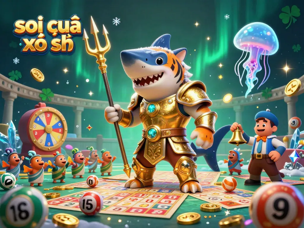 Engaging illustration showcasing a fierce tiger shark in gladiator armor battling in an underwater colosseum themed around soi cầu xổ số.