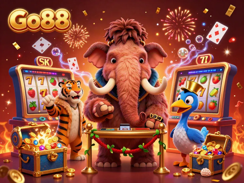 Engage with Go88 as a mammoth bouncer checks IDs in a lively casino setting filled with colorful slot elements.