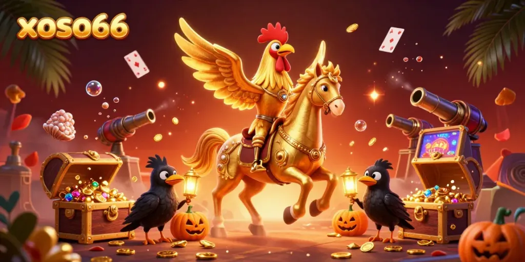 xoso66 showcases a thrilling casino scene with a golden rooster, sparkling treasures, and vibrant playful elements.