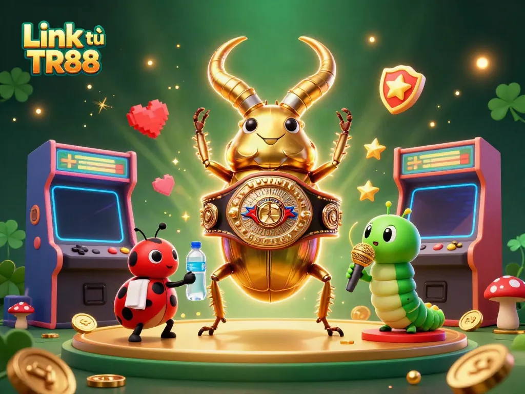 Experience the excitement of Link từ TR88 with a dynamic cartoon scene featuring gaming characters, neon elements, and casino vibes.