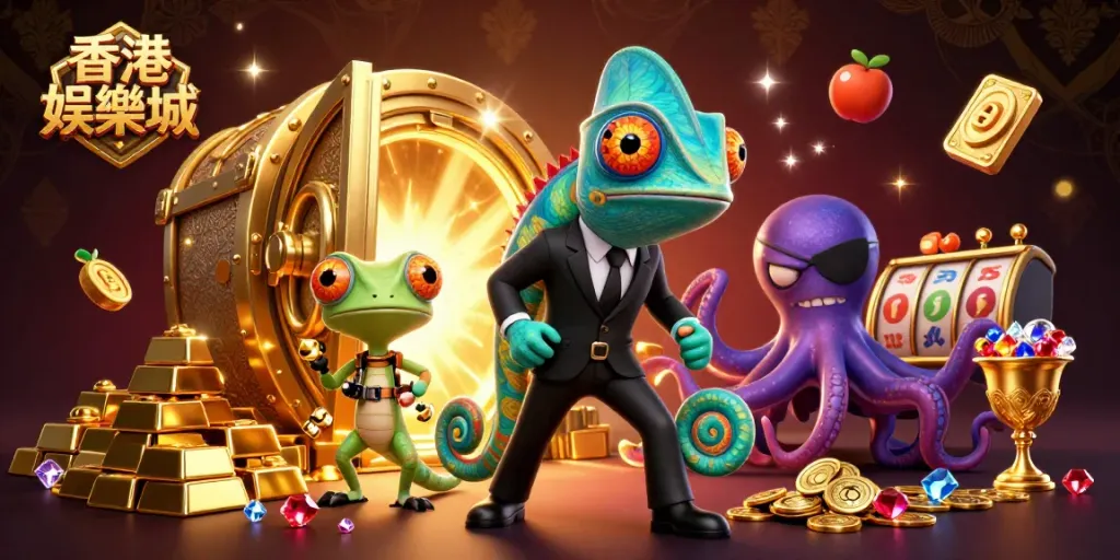 Engage in thrilling gameplay at 香港娛樂城 with vivid 3D digital illustration of a chameleon agent, gecko Q, and an octopus surrounded by slots and treasure.