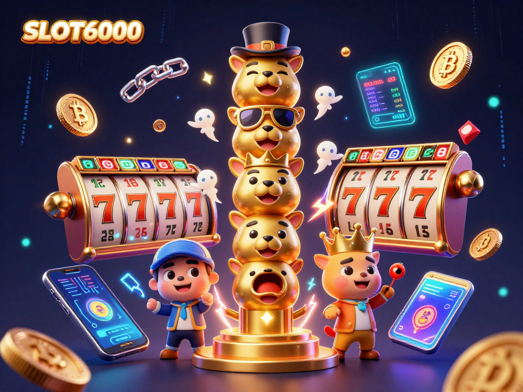 Play exciting games on SLOT6000, featuring vibrant slot reels and a 3D totem pole in a dynamic casino scene.