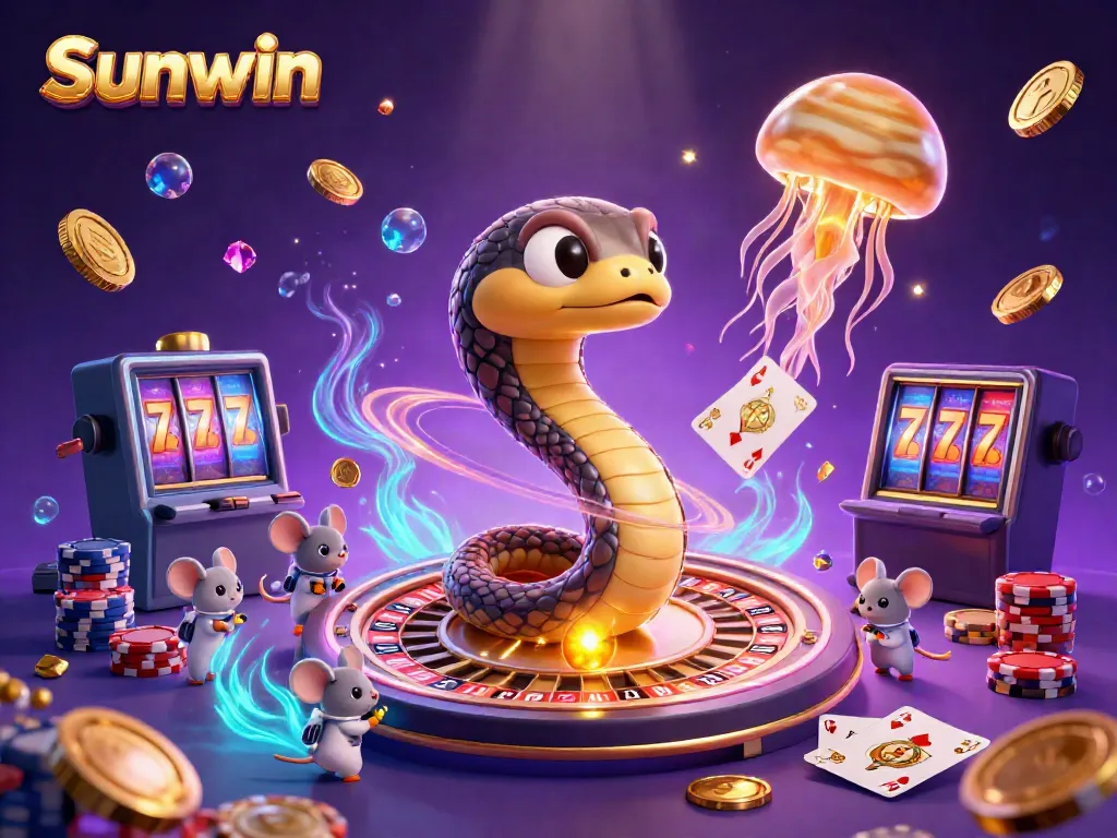 Experience the excitement of Sunwin with a cosmic roulette featuring charming characters in a vibrant 3D illustration.