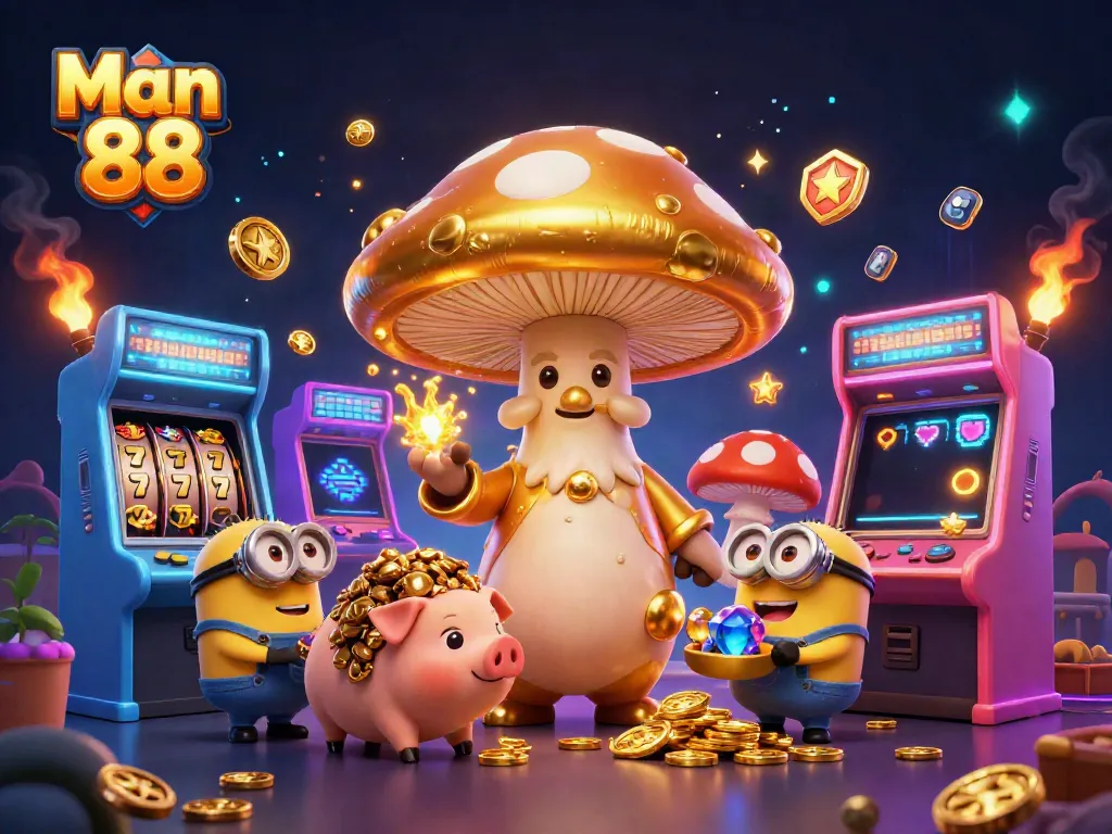 Experience the magic of Man 88 as golden treasures and vibrant gaming elements fill the scene.