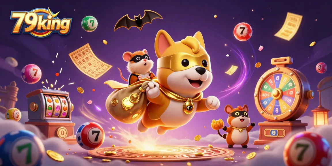 79king superhero dog gathers coins in a vibrant casino-themed 3D illustration.