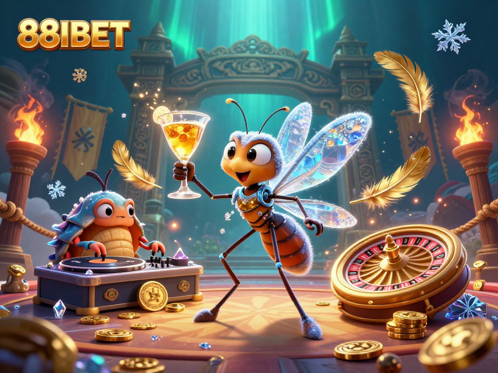 88IBET features a lively casino scene with a frozen mosquito mascot and a trilobite DJ.