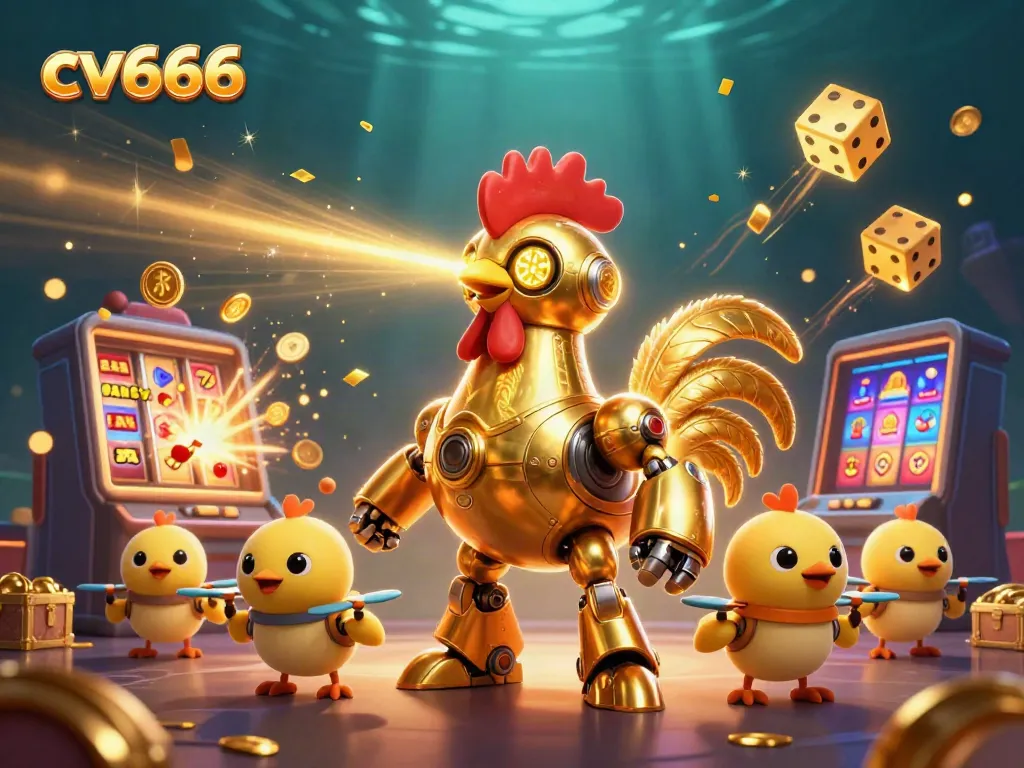 cv666 features a golden rooster robot shooting laser beams, surrounded by explosive casino elements.