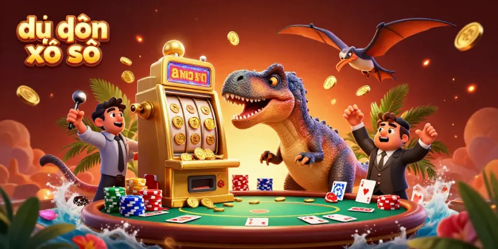 Headbutting pachycephalosaurus triggers victory in a slot machine while golden coins fly, capturing the excitement of dự đoán xổ số.