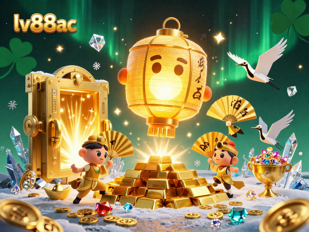 Experience thrilling luck at lv88ac with a glowing lantern spirit surrounded by treasures and gaming elements.