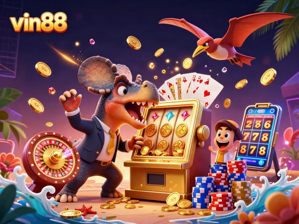 Experience vin88 with fortune as a pachycephalosaurus wins on a slot machine amidst a vibrant casino scene.
