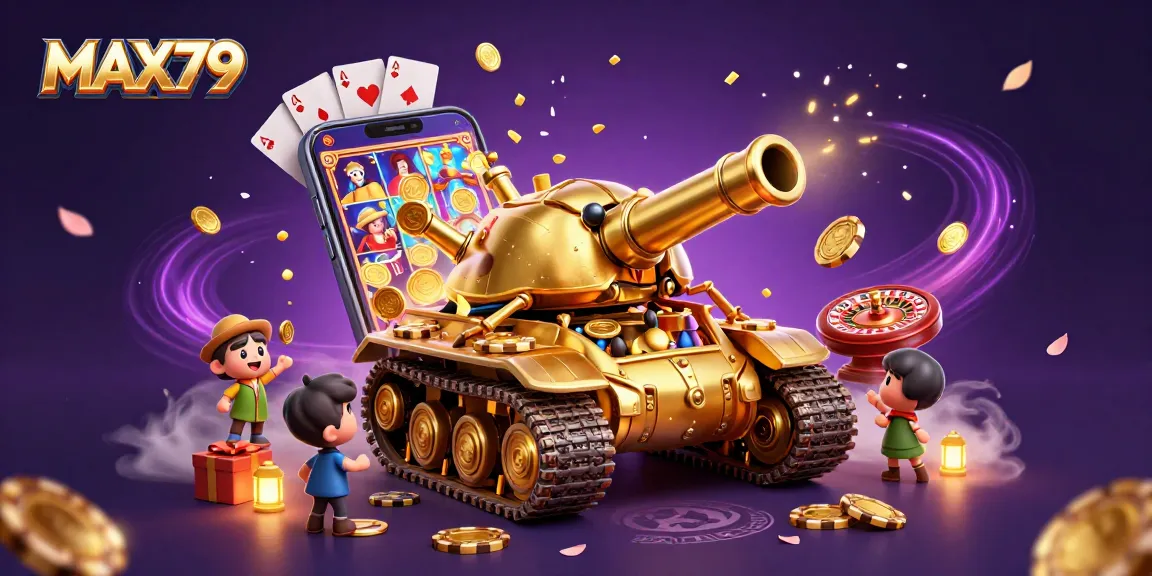 Experience thrilling gaming actions at MAX79 with a magical casino scene featuring vibrant slots and coins.