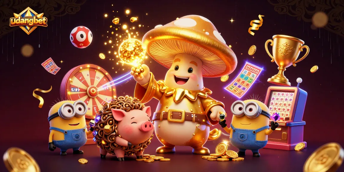 Experience udangbet with a vibrant 3D illustration of a magic mushroom wizard, lottery balls, and a jackpot machine.