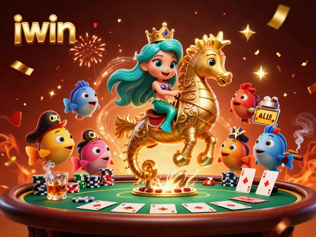 Experience thrilling poker action with iwin's vibrant cartoon scene featuring a mermaid princess and grand casino elements.