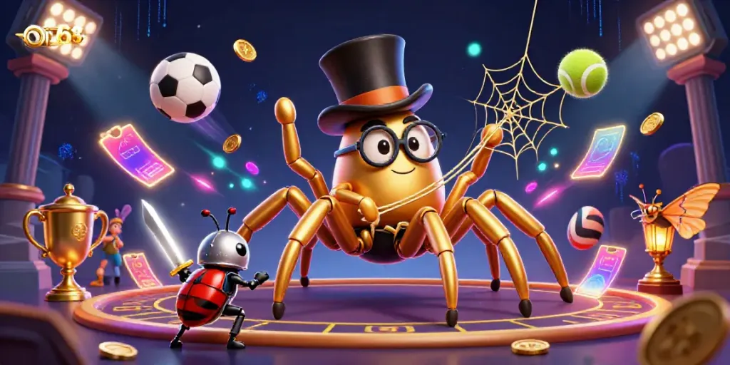 Engaging on68 casino scene with a golden tarantula and beetle knight, showcasing dynamic betting elements.