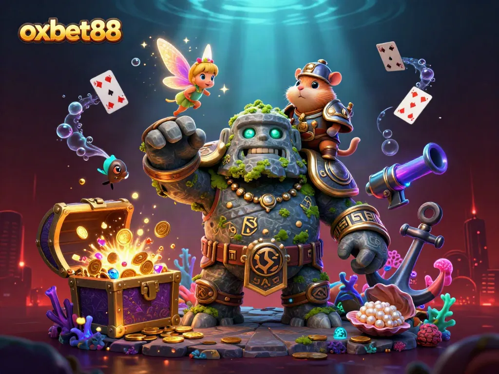 Experience thrilling games at oxbet88 with our vibrant 3D underwater casino adventure illustration.